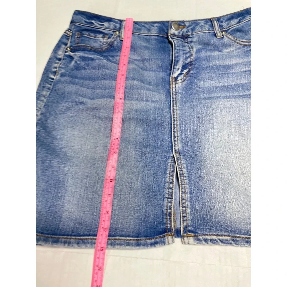 Faded Glory Medium‎ Wash Denim Mini Skirt Size 10 Blue Jean Slit Front